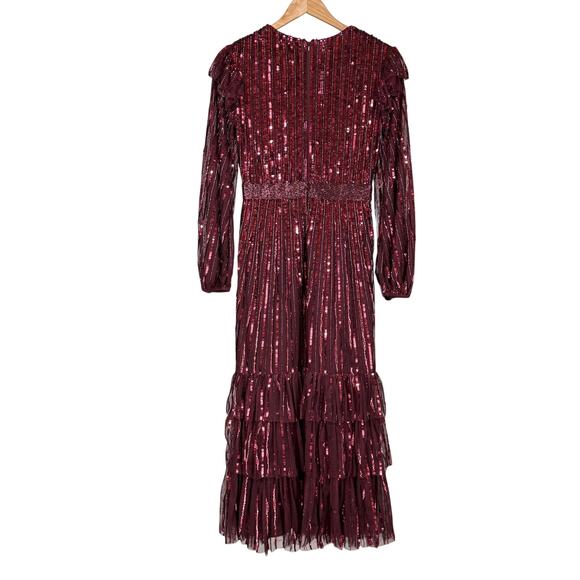 Mac Duggal NWT Red Long Sleeve Ruffle Detail Sequin Midi Dress Size 16 High Neck - Picture 4 of 10